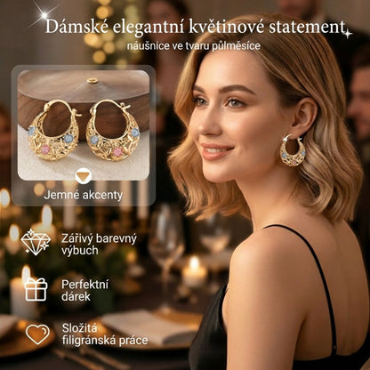 ✨ Świeć elegancją – Pozłacane kolczyki w kształcie półksiężyca z emaliowanymi kwiatami – Za pobraniem 💐