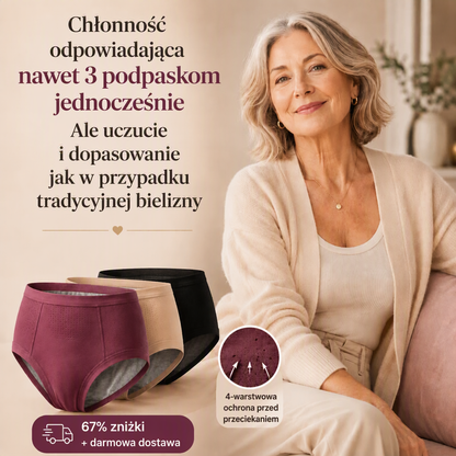 Duże, wysokotalowane majtki higieniczne | Ochrona przed przeciekaniem zarówno z przodu, jak i z tyłu