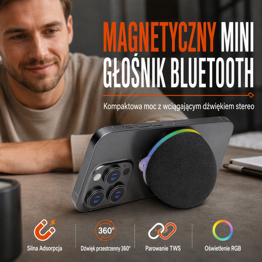 🎶 Miniaturowy głośnik Bluetooth z magnesem i podświetleniem RGB
