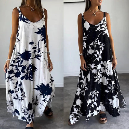 🔥👗Damska kwiecista sukienka na ramiączkach, bez rękawów, z lejącym się tyłem