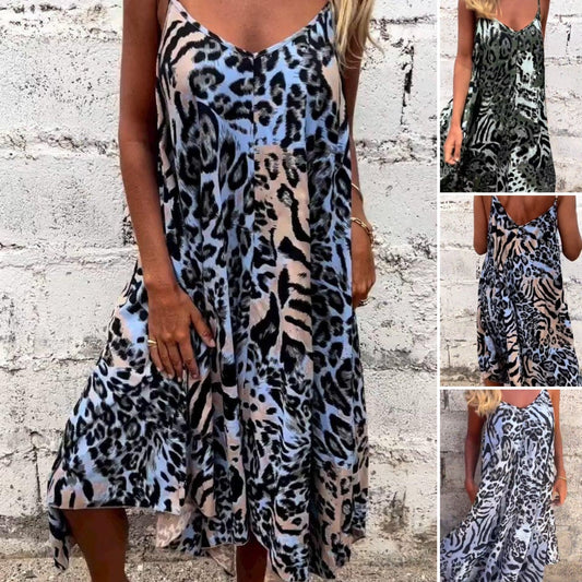 🔥👗Wiosenna nowa sukienka maxi spaghetti z nadrukiem w panterkę