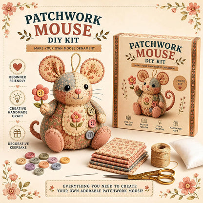 🧵 Uszyj swoją własną uroczą myszkę – Zestaw DIY do uszycia patchworkowej myszki – Za pobraniem 🐭