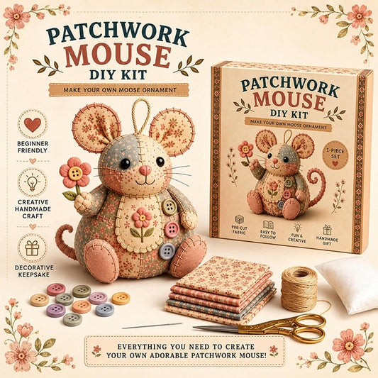 🧵 Uszyj swoją własną uroczą myszkę – Zestaw DIY do uszycia patchworkowej myszki – Za pobraniem 🐭