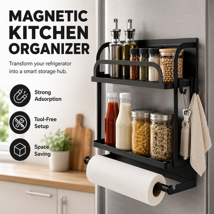 🧲 Uchwyt do montażu na ścianie lodówki bez użycia gwoździ | Magnetyczny stojak na przyprawy + półka – 2 w 1