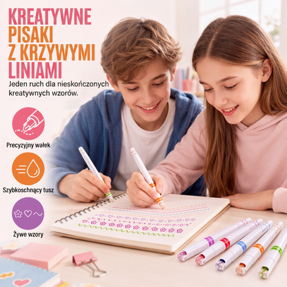 Zestaw 6 zakreślaczy z zakrzywioną końcówką i rolkami z wzorami
