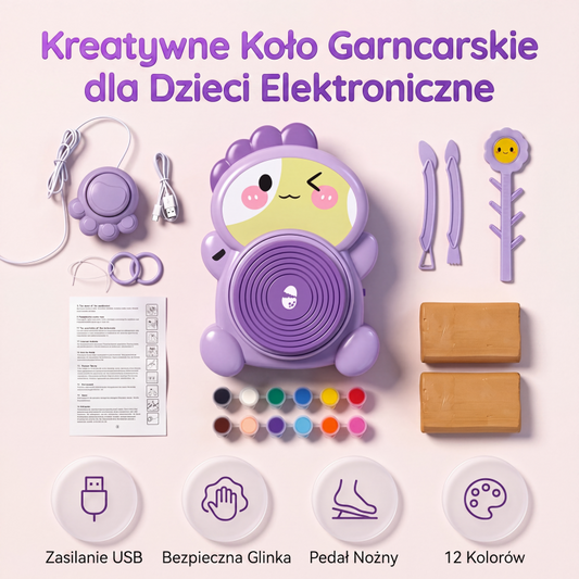 🎨 Elektryczna kołowrotka do lepienia dla dzieci oraz zestaw do samodzielnego tworzenia z gliny — toczenie, modelowanie, tworzenie