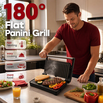 Elektryczny opiekacz do kanapek i panini z grillem otwieranym do 180°