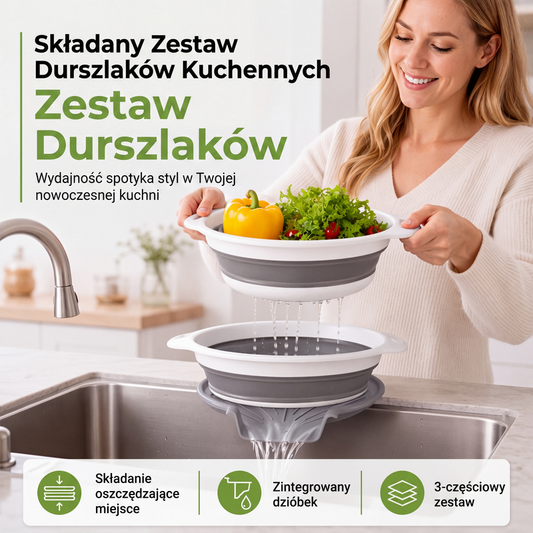 🧺 3-częściowy składany zestaw durszlaków z podstawką do odsączania