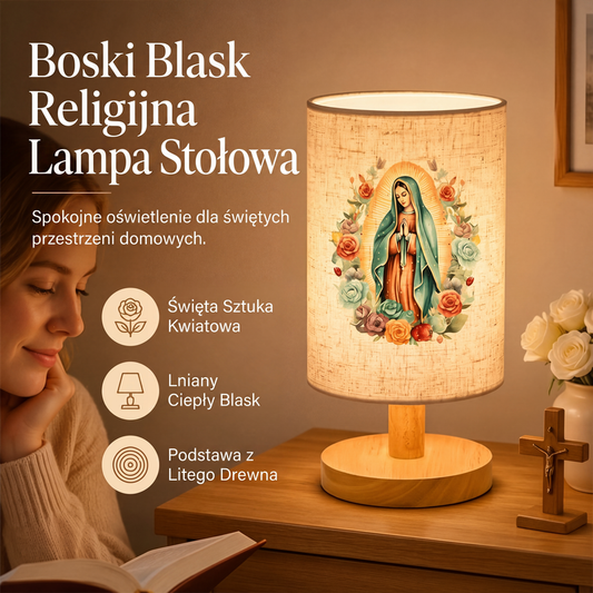 🌙 Drewniana lampa stołowa z wzorem Matki Boskiej