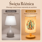 Drewniana lampa stołowa z wzorem Matki Boskiej