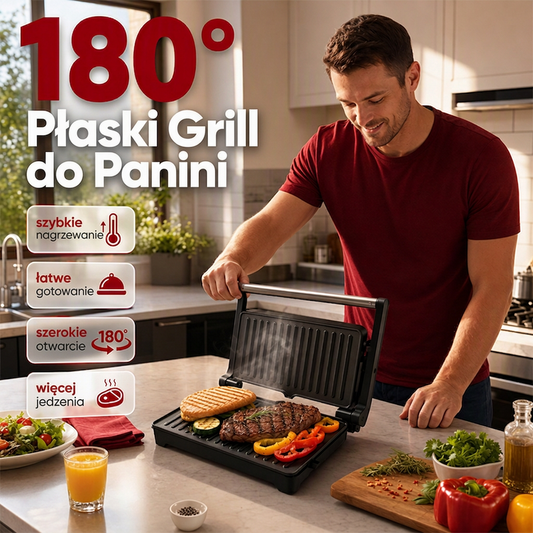 Elektryczny opiekacz do kanapek i panini z grillem otwieranym do 180°