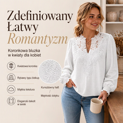 😍 Damska bluzka z koronką, z dekoltem w kształcie litery V i długimi rękawami