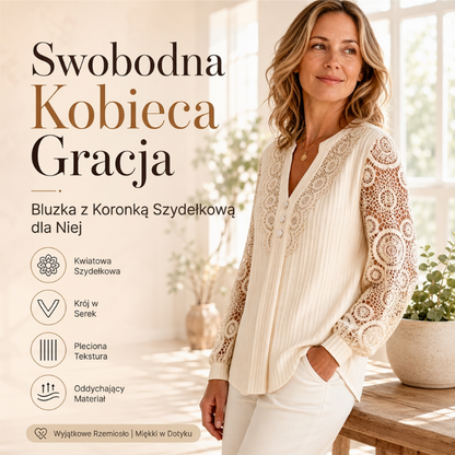 🍒 Damska bluzka z długimi rękawami, z dekoltem w szpic i koronkową lamówką